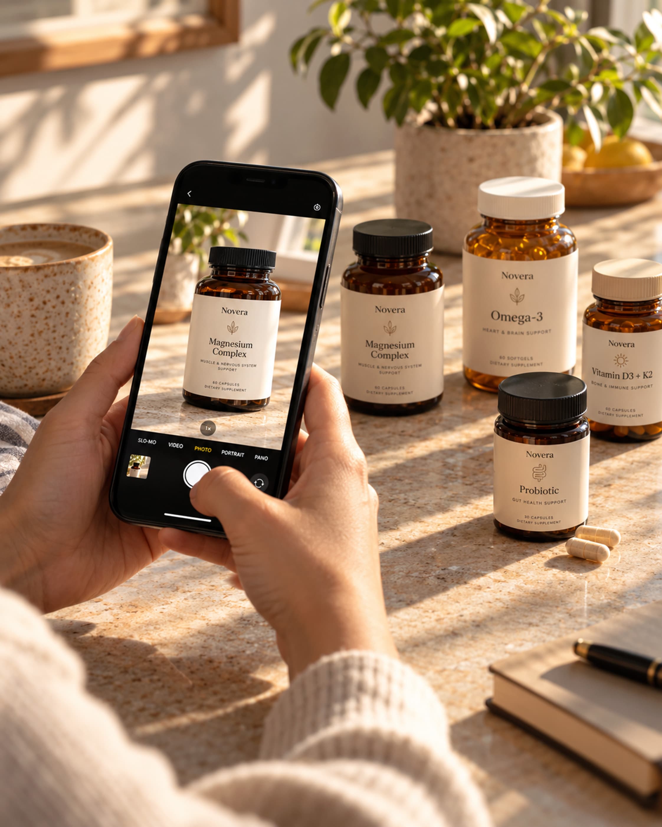 A smartphone photographing several branded supplement bottles for upload