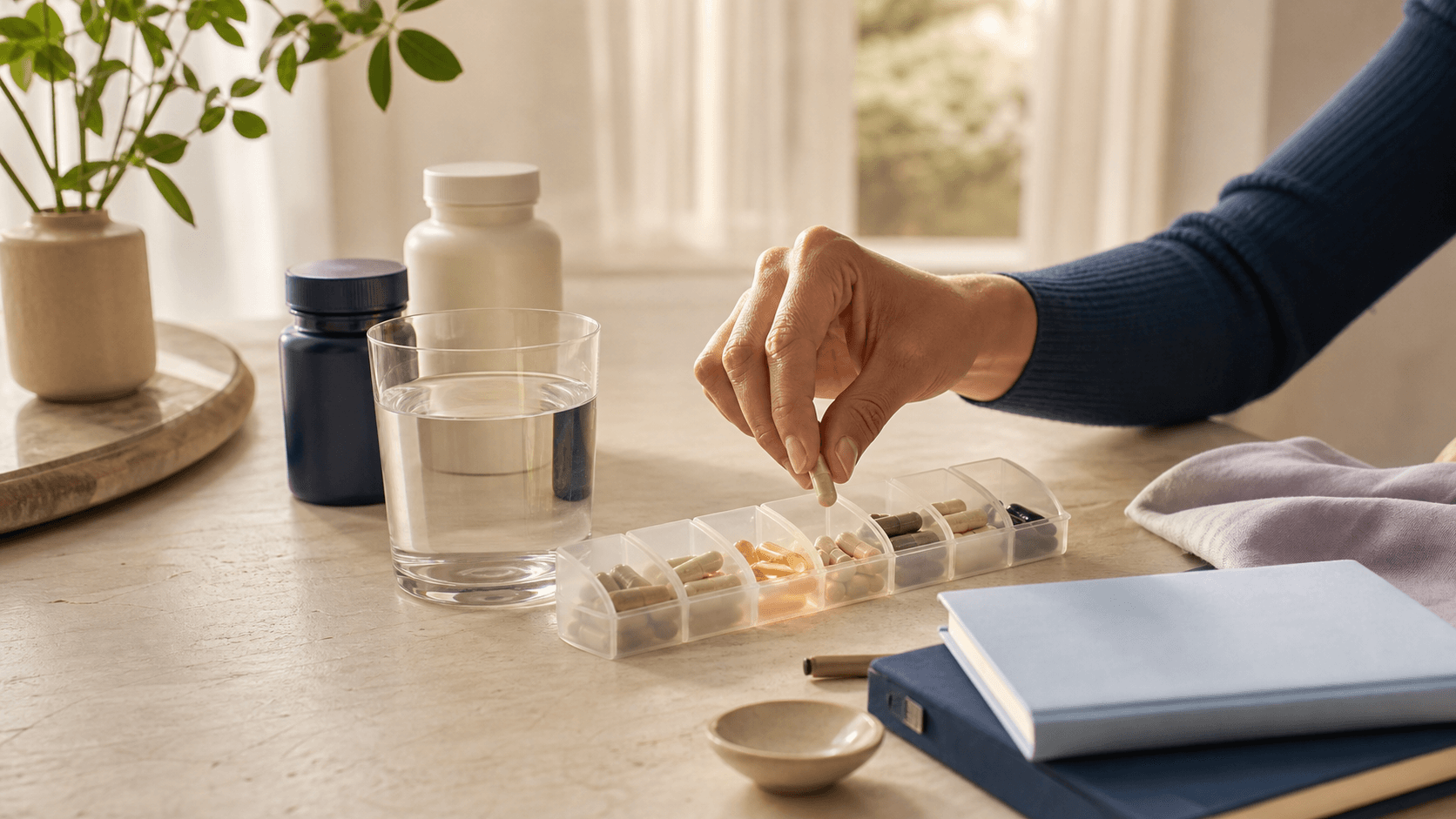 A calm daily supplement routine with a glass of water and an organized supplement case